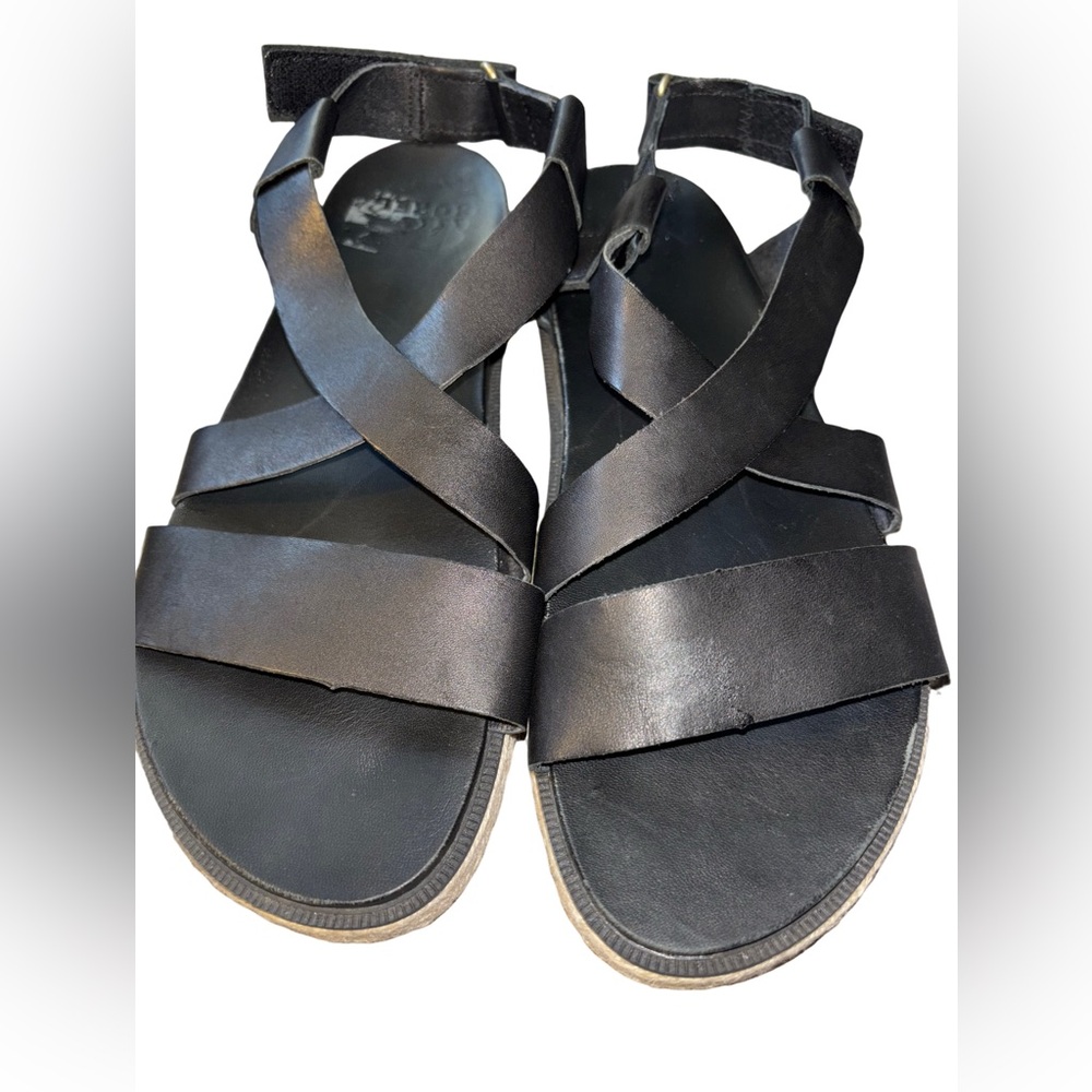Sorel Roaming Criss Cross Black Leather Jute Ankle Strap Platform Sandal 9 - Picture 3 of 9